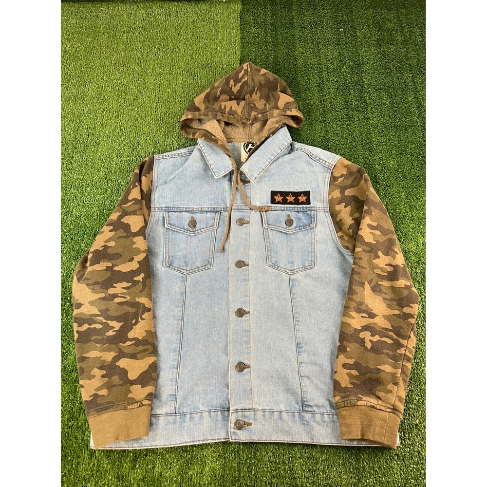 Heritage Mens Hybrid Denim Jacket Camo Hoodie American Flag Light Wash Medium